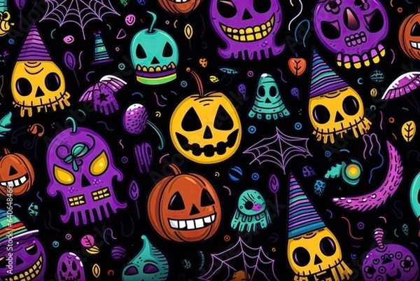 Obraz The colorful illustration of Halloween pumpkins and items. Pattern style. Generative Ai.