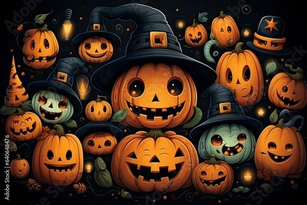 Obraz The colorful illustration of Halloween pumpkins and items. Pattern style. Generative Ai.