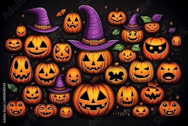 Obraz The colorful illustration of Halloween pumpkins and items. Pattern style. Generative Ai.