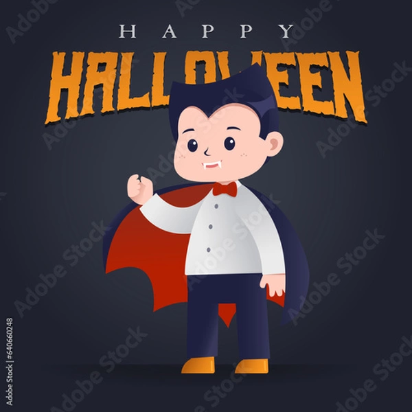 Fototapeta Square Halloween greeting banner with a little boy character as a cute vampire