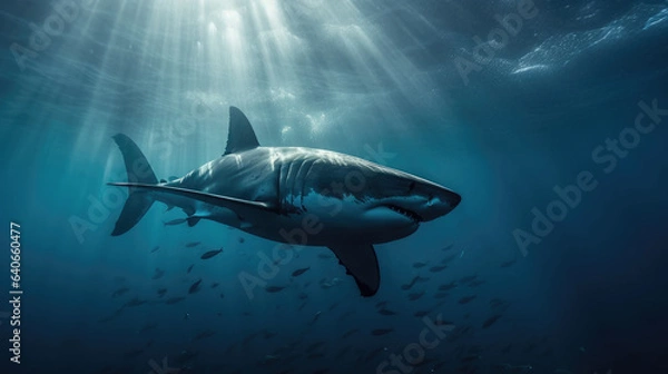 Obraz Huge white shark in blue ocean swims under water. Sharks in wild. Marine life underwater in blue ocean.