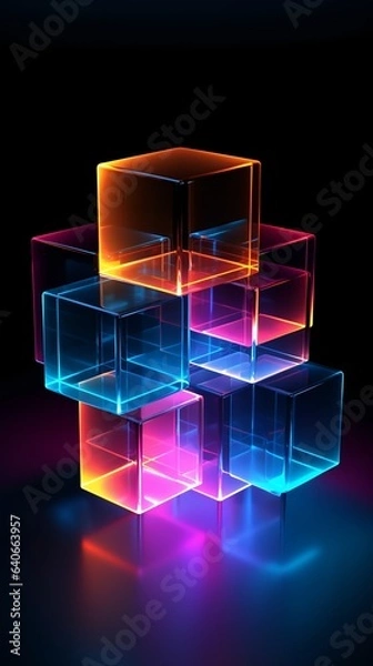 Fototapeta Black background wallpaper for phone with colorful 3D neon cubes