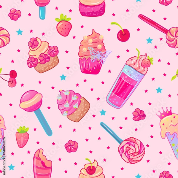 Obraz Pink seamless pattern with confectionery images: cupcakes, ice cream, lollipops, cocktail, marshmallow. Pink aesthetic. Vector illustration.