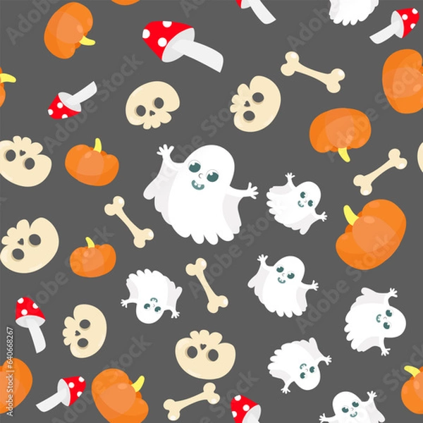 Fototapeta Seamless pattern cute white ghost, pumpkins, charming skull and bone. Halloween pattern in cartoon style. Pattern for textiles, packaging, wallpapers.
