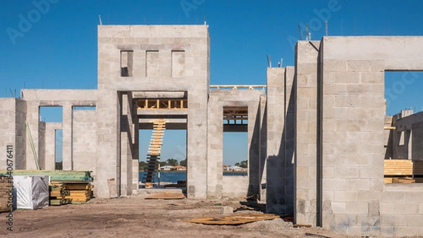 Fototapeta Concrete shell of upscale single-family house under construction by an artificial lake in a suburban residential development on a sunny morning in southwest Florida