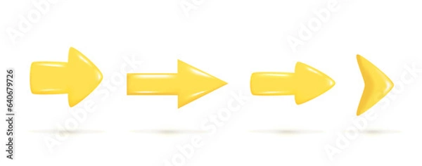 Obraz Set of realistic 3d yellow glossy arrows. Different shape of pointer 3d icon. Cartoon collection of pointer arrow. Abstract vector illustration isolated on white background