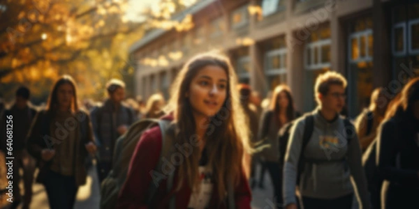 Fototapeta Blurred group of students and pupils quickly go to class