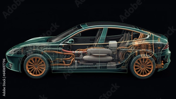 Fototapeta Illustration of a cross section of an electric car, with cables, motors and electrical elements on a dark background. Generative AI