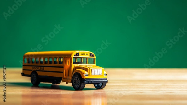 Fototapeta Yellow school bus model on the student table with chalkboard or blackboard background. Transportation and education concept.