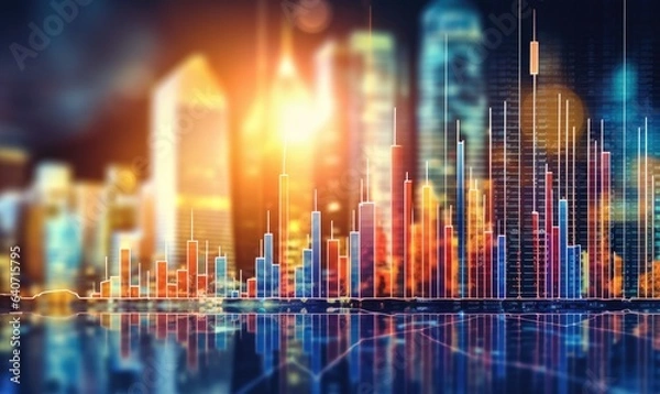 Fototapeta Financial stock market graph and candlestick chart on abstract background. Double exposure