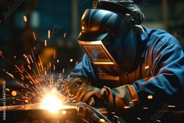 Fototapeta Man welds at the factory, Welder with sparks.