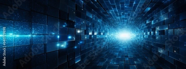 Fototapeta Perspective view of mosaic of many metallic blue stacked cubes , abstract tech style background, infinity concept.
