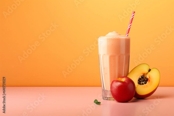 Fototapeta Fruit smoothie on peach copy space background