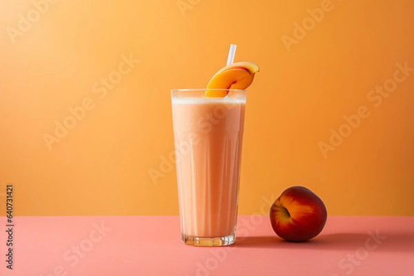 Fototapeta Fruit smoothie on peach copy space background