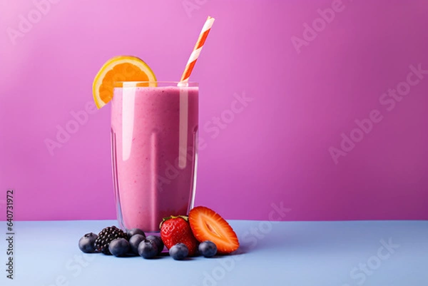 Obraz Fruit smoothie on purple copy space background