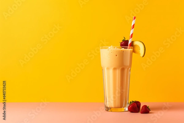 Obraz Fruit smoothie on yellow copy space background