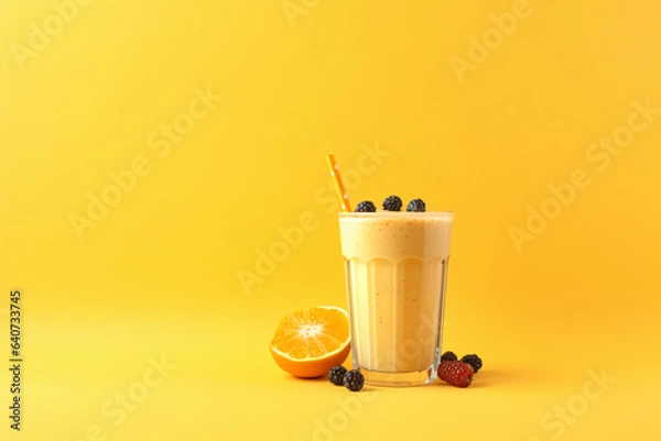 Obraz Fruit smoothie on yellow copy space background