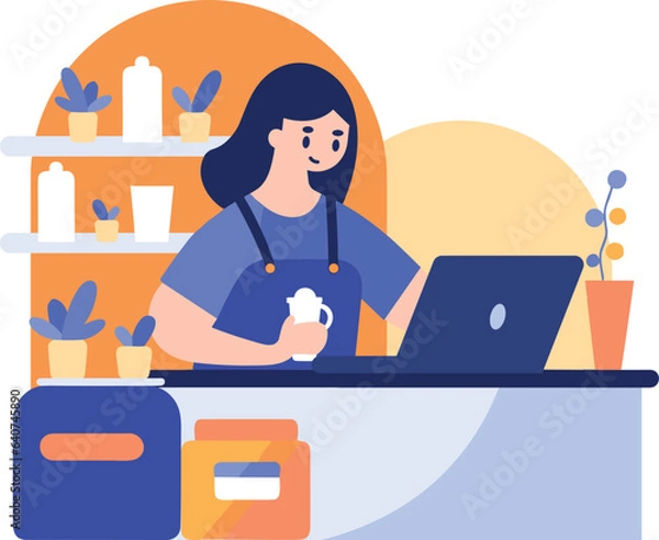 Fototapeta Hand Drawn Barista making coffee happily in flat style