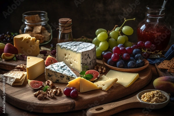 Obraz Gourmet cheese board with a variety of cheeses and accompaniments.  Various types of cheese on a rustic table. AI Generated