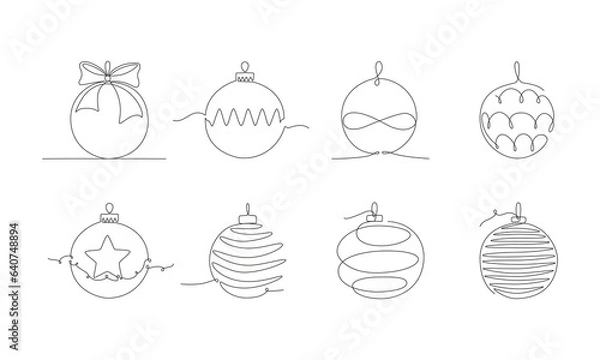 Obraz Christmas ball set ,continues one single line hand drawing sketch. Vector stock illustration isolated on white background for design template winter holiday banner, card, invitation. Editable stroke. 
