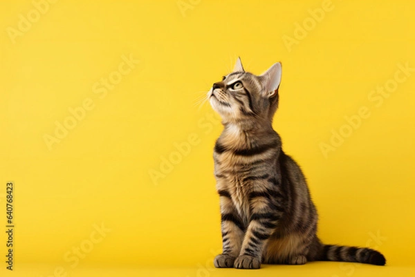 Obraz Cat looking up on yellow background