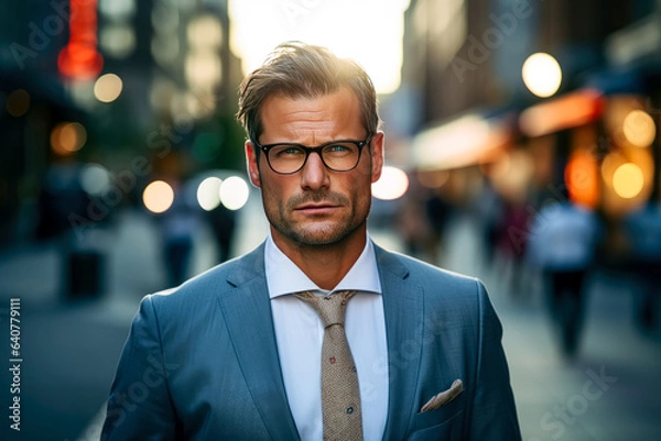 Fototapeta A handsome man standing on the street wearing glasses and a suit, in the style of portraits with soft lighting, consumer culture.
