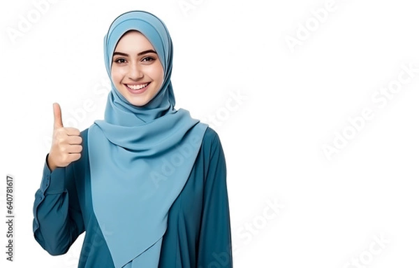 Fototapeta Happy Arab woman wearing a Hijab, showing thumbs up sign. Isolated on a white background with copy space.