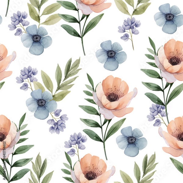 Fototapeta Floral summer seamless pattern with sweet peas. Watercolor hand drawn isolated illustration border, meadow or floral background for your design.