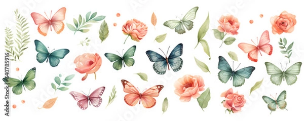 Fototapeta Set of butterflies isolated on white background. Watercolor. Illustration