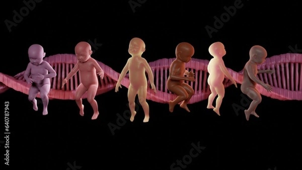 Obraz Babies with DNA strands in background.  Diverse human infants of different colors with DNA molecules behind them. Designer babies. Genetically modified babies. GMO babies. 3d illustration render