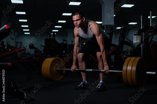 Fototapeta Caucasian man doing bicep exercises with dumbbells in the gym. 