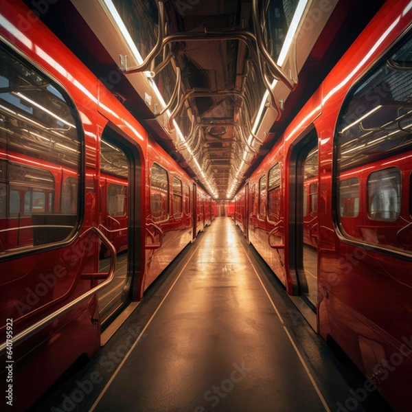 Fototapeta A red train with reflection. Generative AI