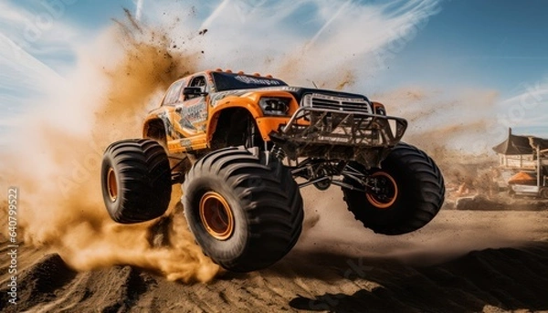Obraz Photo of a monster truck soaring through the air during an adrenaline-pumping stunt