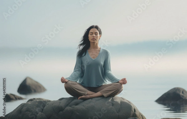 Fototapeta A young woman meditating on a rock at the seashore on the beach, practicing mindfulness and focused breathing to improve her mental well-being.breathwork concept