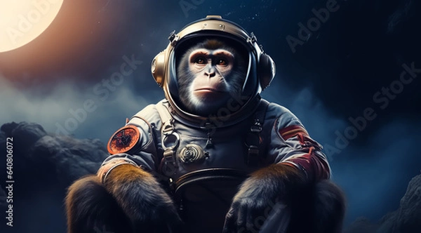 Fototapeta Fantasy portrait of astronaut Monkey in space wearing helmet and full space suit, the moon in behind, fantasy, science fiction, 