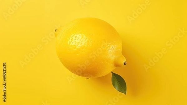 Fototapeta  a lemon with a green leaf on a yellow background with a shadow.  generative ai