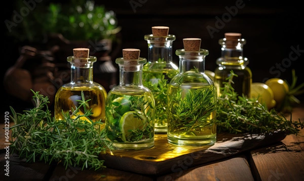 Obraz Bottles with oil, herbs on a table on a dark background.