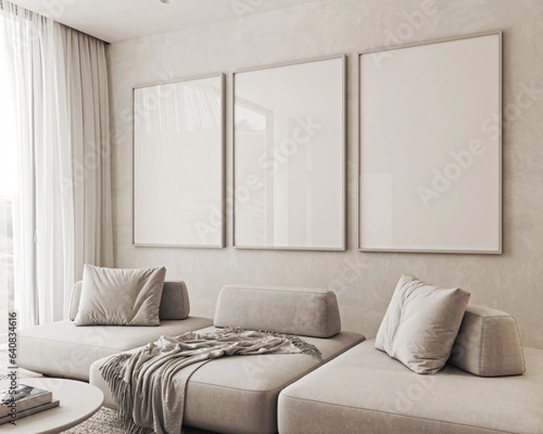 Fototapeta Contemporary classic white beige livingroom interior with three picture frame and decor. Empty stucco wall mockup. 3d rendering. High quality 3d illustration