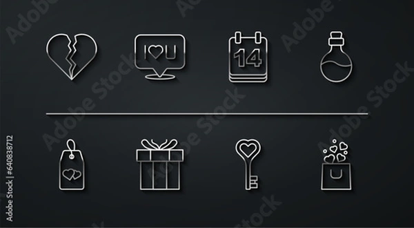 Obraz Set line Broken heart or divorce, Please do not disturb with, Bottle love potion, Key in shape, Gift box, Speech bubble text I you, Shopping bag and Calendar February 14 icon. Vector