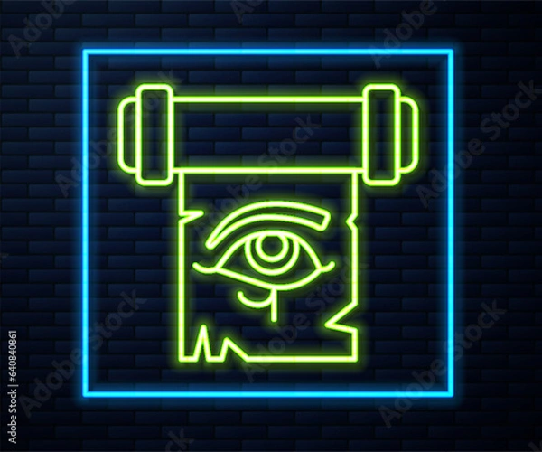 Fototapeta Glowing neon line Eye of Horus on papyrus scroll icon isolated on brick wall background. Parchment paper. Ancient Egypt symbol. Vector