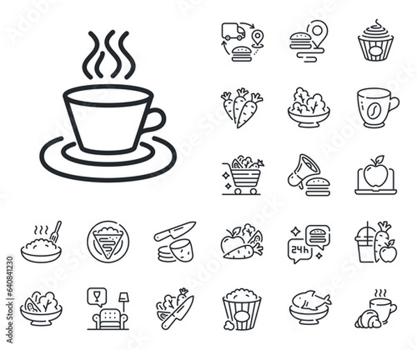 Fototapeta Hot drink sign. Crepe, sweet popcorn and salad outline icons. Tea or Coffee line icon. Fresh beverage symbol. Tea cup line sign. Pasta spaghetti, fresh juice icon. Supply chain. Vector