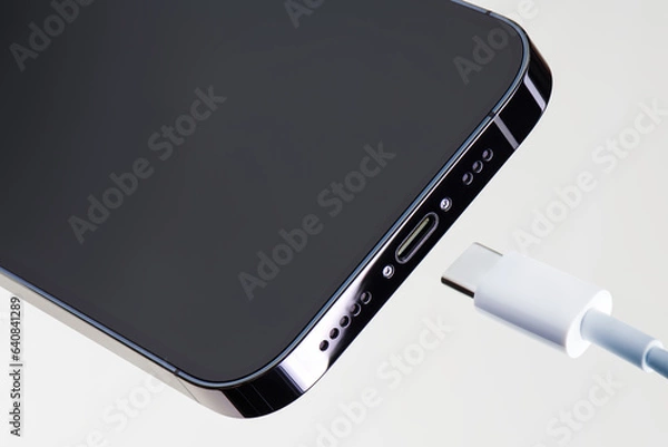 Fototapeta Bottom part of modern smartphone with high speed usb type-c communication port and charging cable. Universal USB type-c charge standard for smartphone. up-to-date technologies for communication.