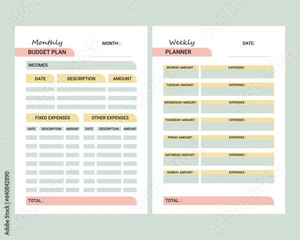 Fototapeta A set of two minimalist budget planners. Monthly and weekly plan template. Cute and simple business organizer. Sheet of paper. Realistic vector illustration.