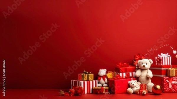 Obraz New Year's studio with a red background with all the toys, gifts and a Christmas tree, without people, space for text,