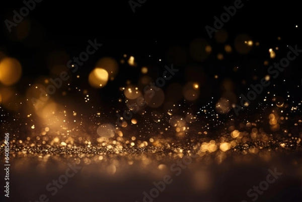 Fototapeta Abstract gold shiny Christmas background with bokeh. Holiday bright golden dust. Blurred backdrop with particles.
