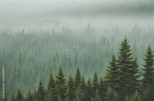 Fototapeta Forest mountain foggy landscape, Generative AI