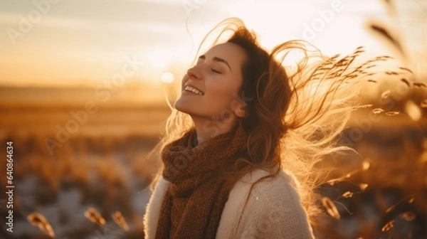 Fototapeta Backlit Portrait of calm happy smiling free woman with closed eyes enjoys a beautiful moment life on the fields at sunset