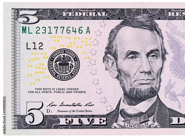 Obraz Five dollars isolated on white background