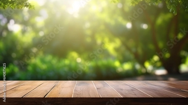 Fototapeta empty wooden table top with blur background of  forest for product display