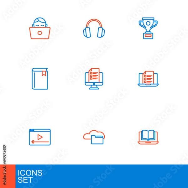 Fototapeta Set line Online class, Cloud or online library, play video, quiz, test, survey, Book, Award cup and Headphones icon. Vector